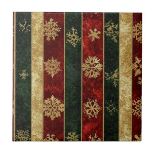 Glitter Gold Snowflakes on Red & Green Striped (2) Ceramic Tile