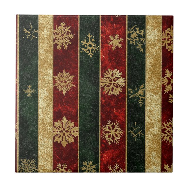 Glitter Gold Snowflakes on Red & Green Striped (2) Ceramic Tile (Front)