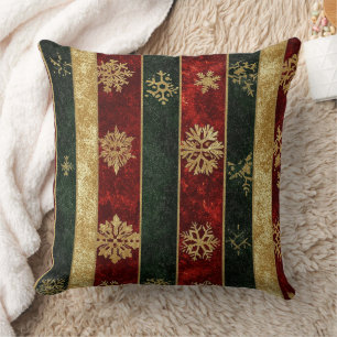 Glitter Gold Snowflakes on Red & Green Striped (2) Cushion