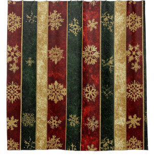 Glitter Gold Snowflakes on Red & Green Striped (2) Shower Curtain