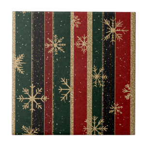 Glitter Gold Snowflakes on Red & Green Striped (3) Ceramic Tile