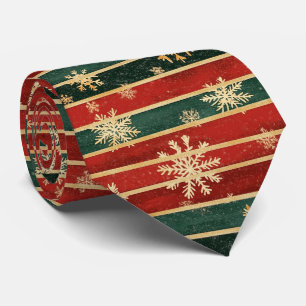 Glitter Gold Snowflakes on Red & Green Striped Tie