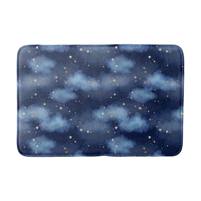 Glitter Gold Stars Dark Blue Sky Pattern Bath Mat (Front)