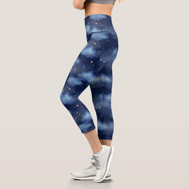 Glitter Gold Stars Dark Blue Sky Pattern Capri Leggings (Left)