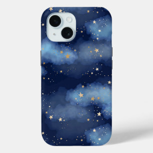 Glitter Gold Stars Dark Blue Sky Pattern iPhone 15 Case