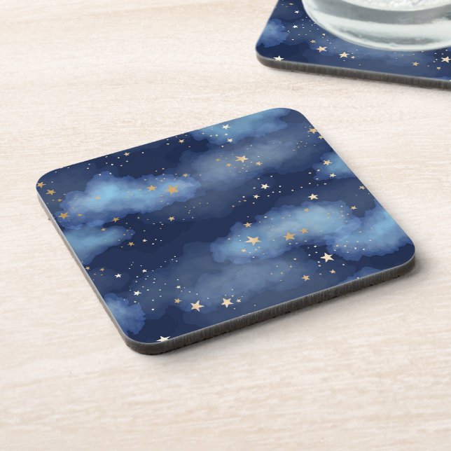 Glitter Gold Stars Dark Blue Sky Pattern Coaster (Left Side)