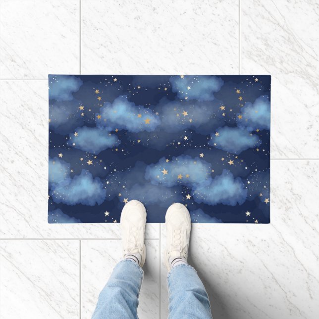 Glitter Gold Stars Dark Blue Sky Pattern Doormat (Indoor)