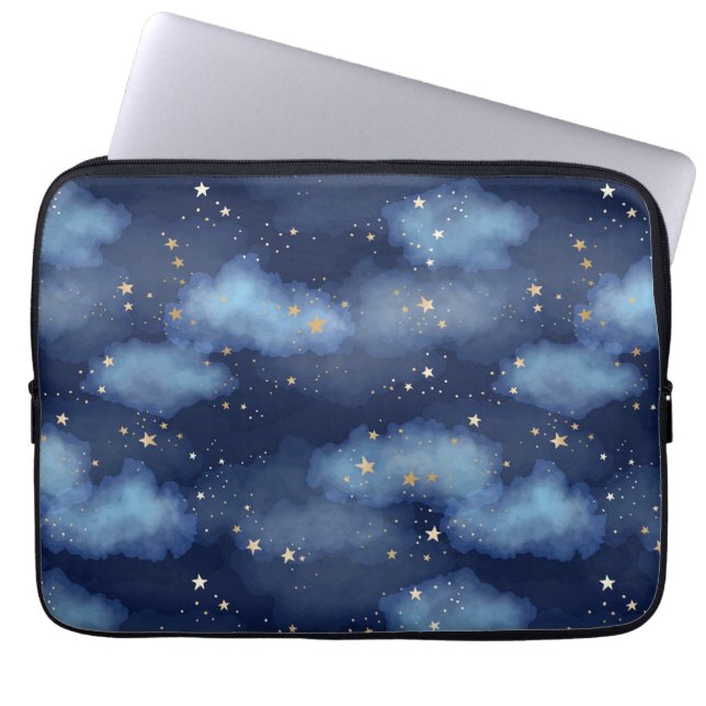 Glitter Gold Stars Dark Blue Sky Pattern Laptop Sleeve (Front)
