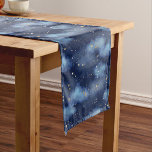 Glitter Gold Stars Dark Blue Sky Pattern Medium Table Runner
