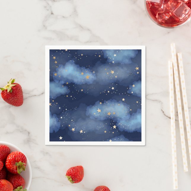 Glitter Gold Stars Dark Blue Sky Pattern Napkin (Insitu)