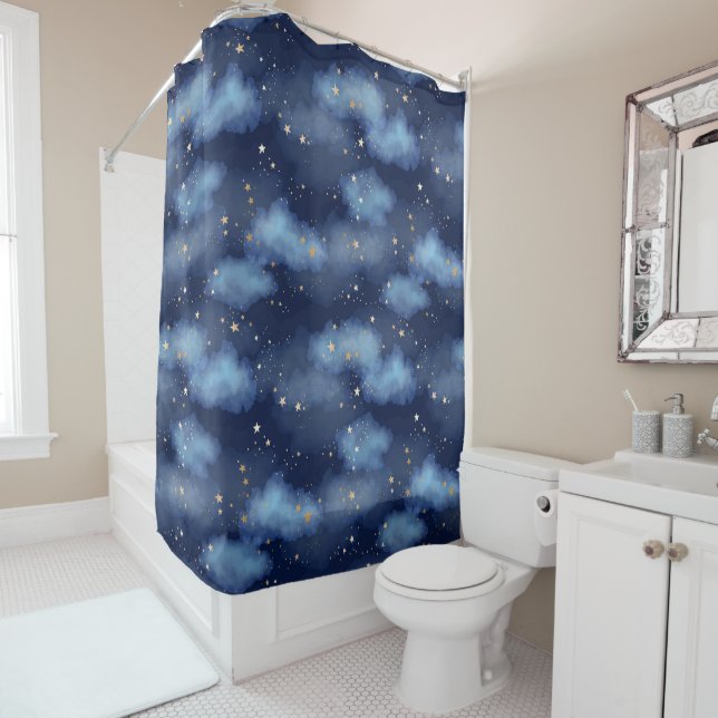 Glitter Gold Stars Dark Blue Sky Pattern Shower Curtain (In Situ)