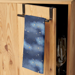 Glitter Gold Stars Dark Blue Sky Pattern Tea Towel