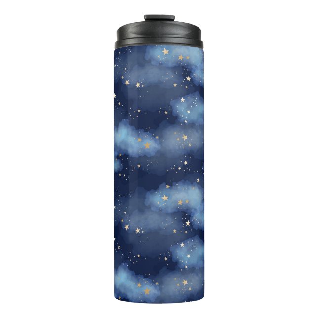 Glitter Gold Stars Dark Blue Sky Pattern Thermal Tumbler (Front)