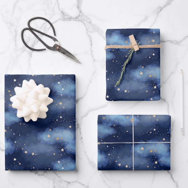 Glitter Gold Stars Dark Blue Sky Pattern Wrapping Paper Sheet (Front)