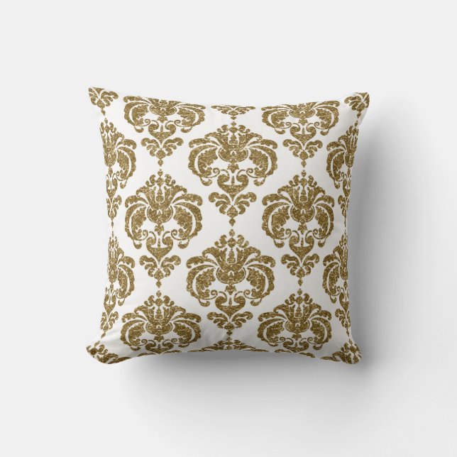 Glitter Gold & White Damask Chic Modern Pattern Cushion (Front)