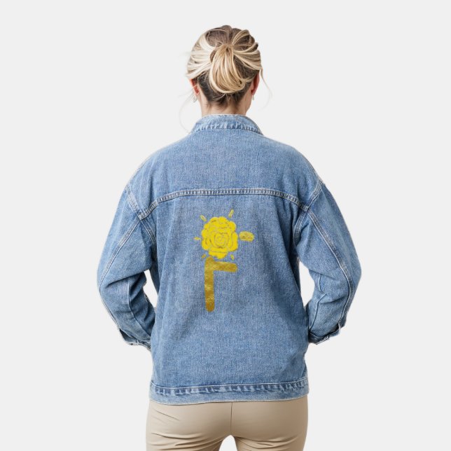 Glitter Gold Yellow Floral Monogram F Womens Denim Jacket (Model)