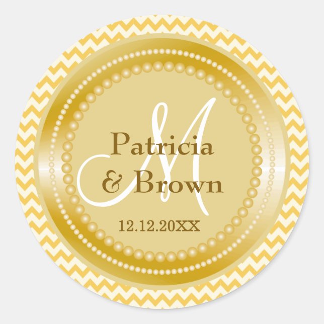 Glitter Gold Yellow Zig Zag Chevron Monogram Classic Round Sticker (Front)