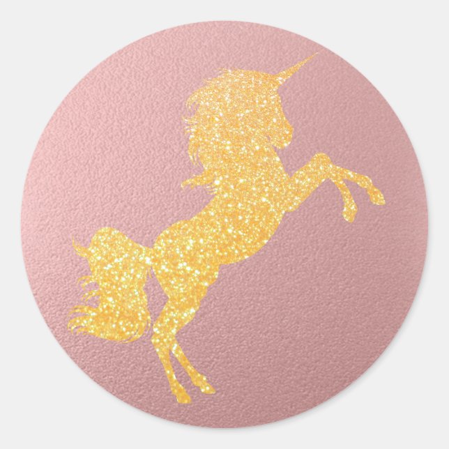 Glitter Golden Magical Unicorn on Rose Gold Classic Round Sticker (Front)