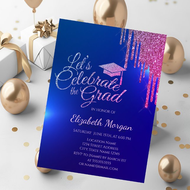 Glitter Grad Cap,Colourful Drips Blue Graduation Invitation (Creator Uploaded)