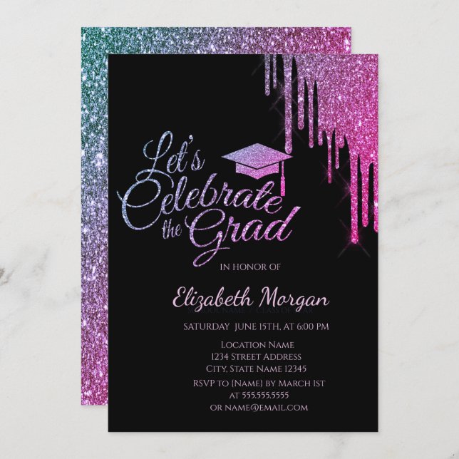 Glitter Grad Cap,Colourful Glitter Drips Graduatio Invitation (Front/Back)