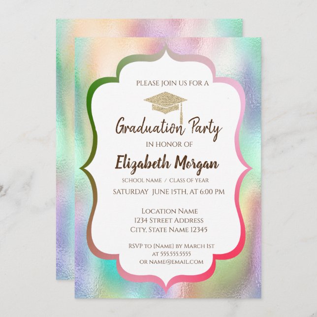 Glitter Grad Cap Colourful Holographic Graduation Invitation (Front/Back)