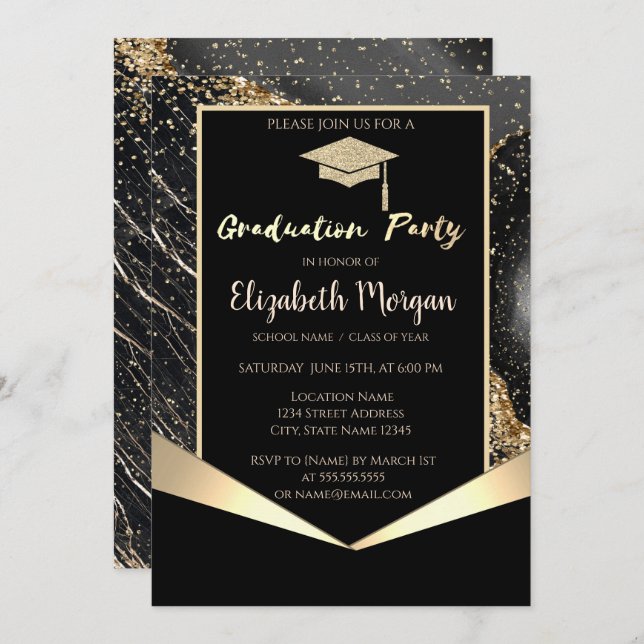 Glitter Grad Cap,Confetti Black Marble Graduation  Invitation (Front/Back)