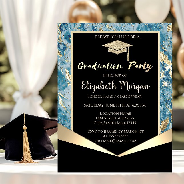 Glitter Grad Cap,Confetti Blue Marble Graduation Invitation (Creator Uploaded)