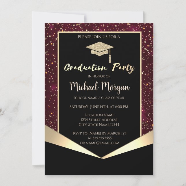 Glitter Grad Cap,Confetti Burgundy Graduation  Invitation (Front)