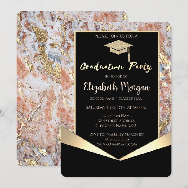 Glitter Grad Cap,Confetti Ombre Marble Graduation Invitation (Front/Back)