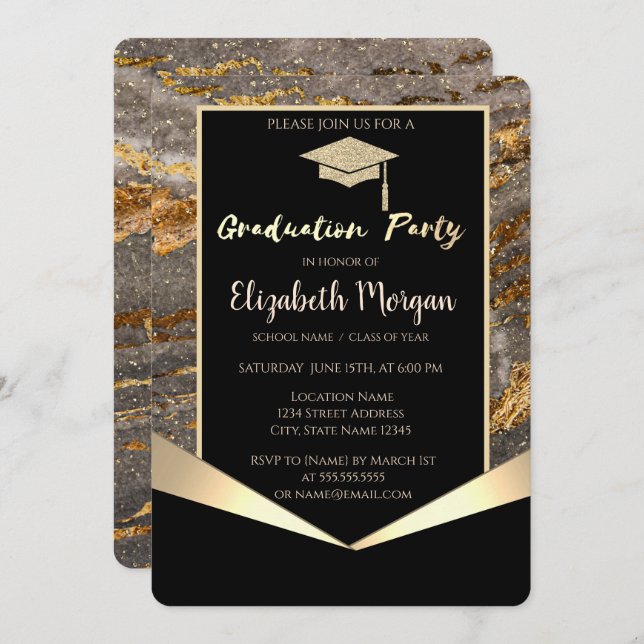 Glitter Grad Cap,Confetti Stone Marble Graduation Invitation (Front/Back)