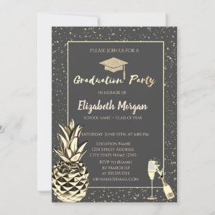 Glitter Grad Cap,Confetti,Wine,Metallic Pineapple  Invitation