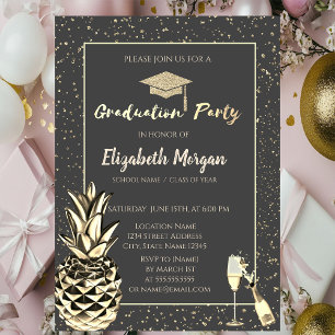 Glitter Grad Cap,Confetti,Wine,Metallic Pineapple  Invitation