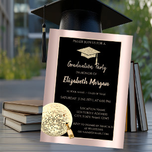 Glitter Grad Cap,Disco Ball Confetti Rose Gold Invitation
