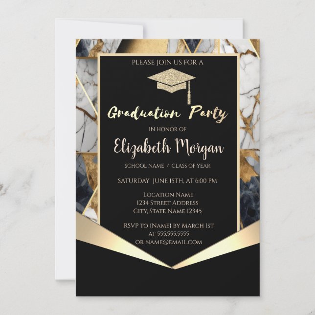 Glitter Grad Cap,Geometric Marble Graduation  Invitation (Front)