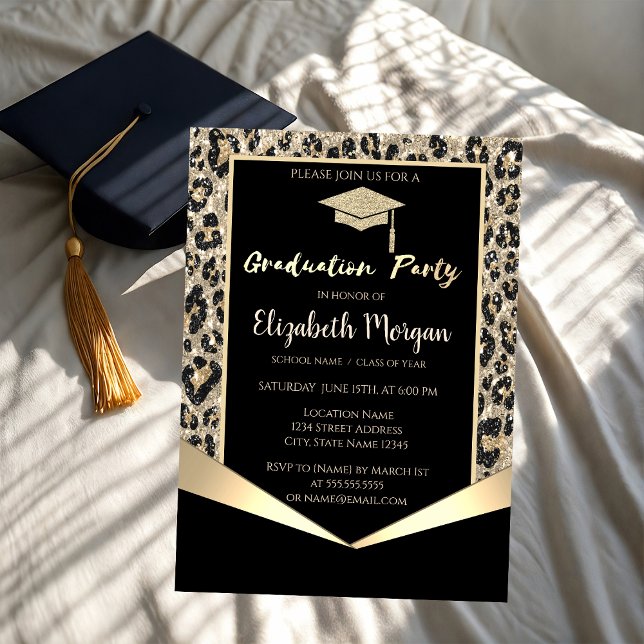 Glitter Grad Cap,Glitter Leopard Graduation  Invitation (Creator Uploaded)