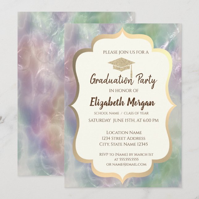 Glitter Grad Cap Holographic Pearl Graduation  Invitation (Front/Back)
