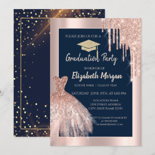 Glitter Grad Cap,Rose Gold Drips,Dress Navy Blue Invitation
