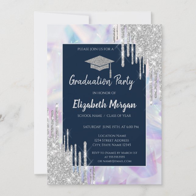 Glitter Grad Cap,Silver Drips,Opal Holographic Invitation (Front)