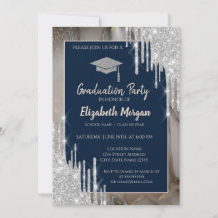 Glitter GradCap,Silver Drips,Marble Navy Blue Invitation