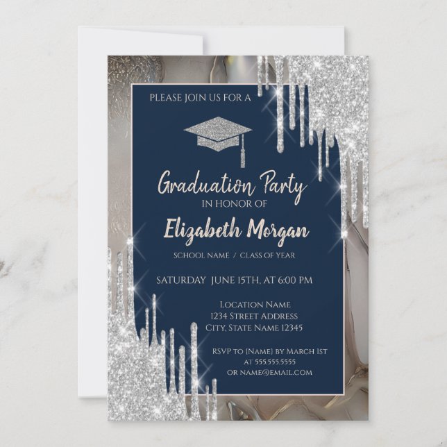 Glitter GradCap,Silver Drips,Marble Navy Blue Invitation (Front)