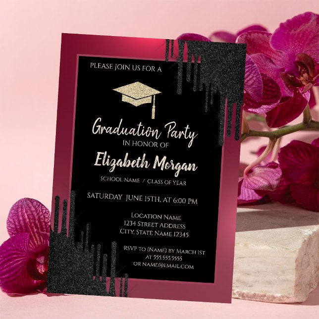 Glitter Graduation Cap,Black Drips Red Invitation (Creator Uploaded)