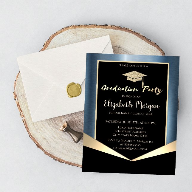 Glitter Graduation Cap,Blue Metallic Invitation (Creator Uploaded)