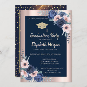 Glitter Graduation Cap,Blue Roses,Navy Blue Invitation
