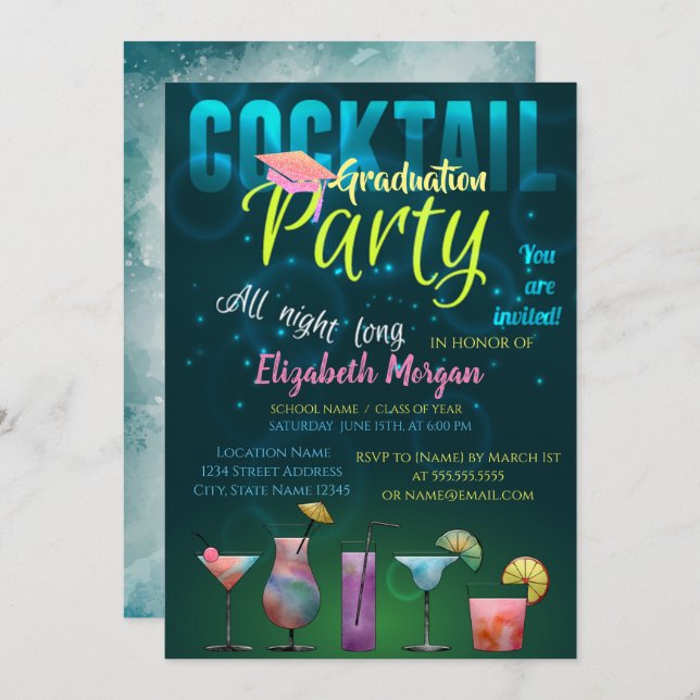 Glitter Graduation Cap, Cocktail Graduation Invitation (Front/Back)