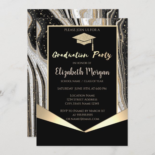 Glitter Graduation Cap,Confetti Black Marble  Invitation (Front/Back)