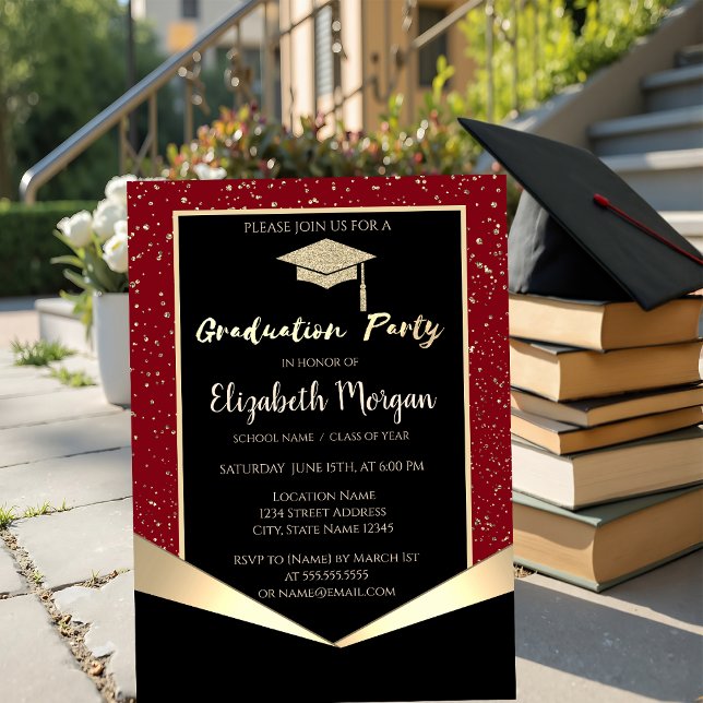 Glitter Graduation Cap,Confetti Red Graduation Invitation (Creator Uploaded)