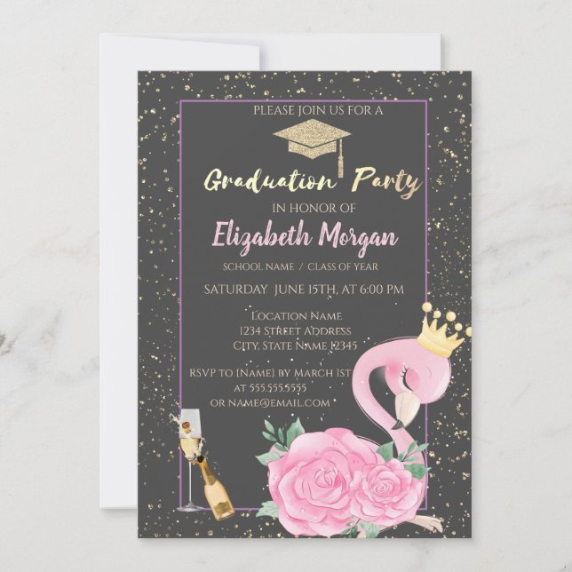 Glitter Graduation Cap,Confetti,Wine,Pink Flamingo Invitation (Front)