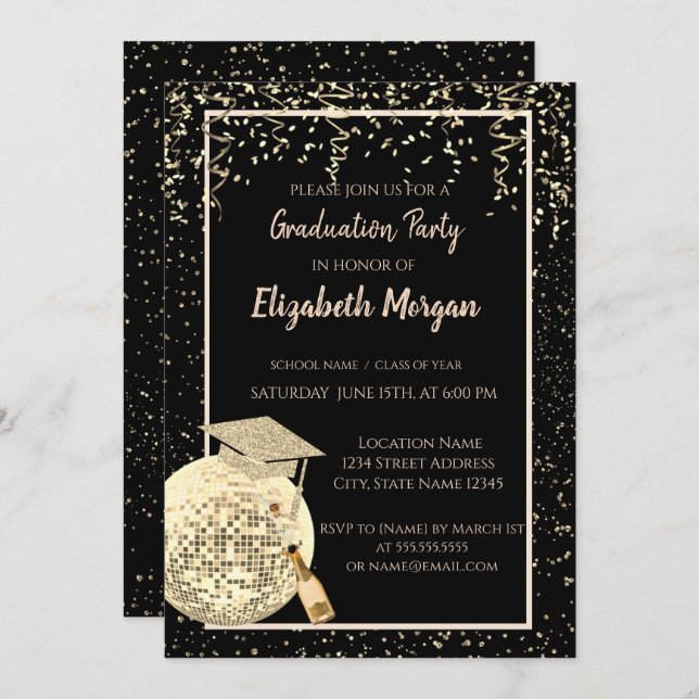 Glitter Graduation Cap,Disco Ball Confetti, Wine Invitation (Front/Back)