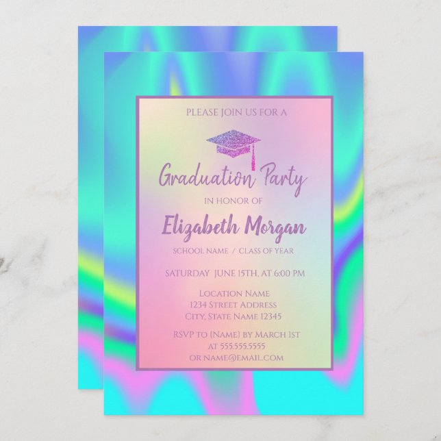 Glitter Graduation Cap Holographic Graduation Invitation (Front/Back)