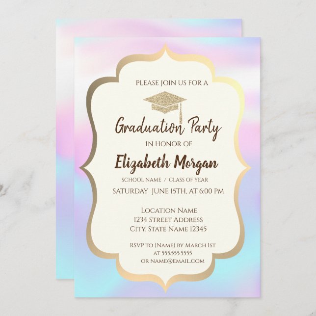 Glitter Graduation Cap Holographic Graduation Part Invitation (Front/Back)